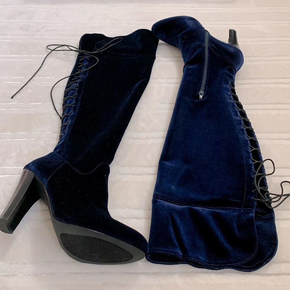 Steve Madden Over the Knee Corset Style Royal Blue Velvet High Heel Boots